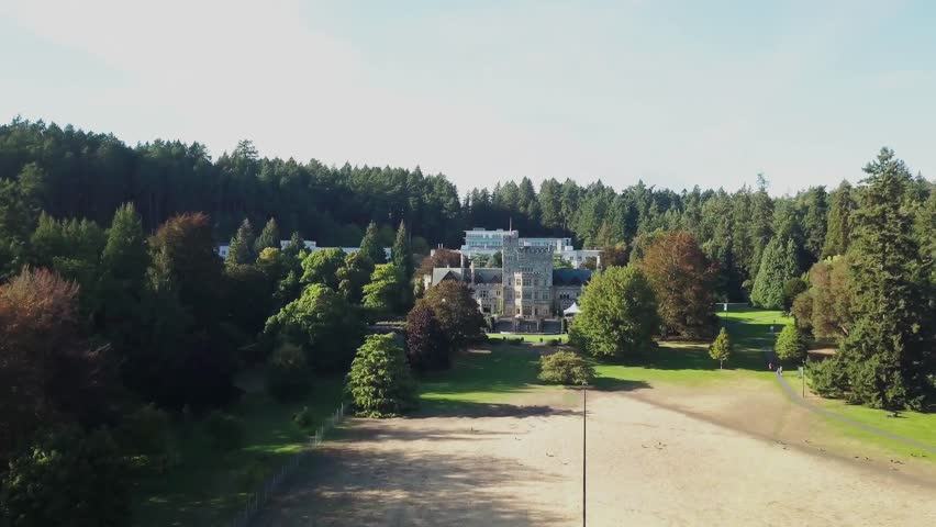 Amazing National Historic Building - Hatley Castle Aerial View in Beautiful sunny day,Colwood Canada.