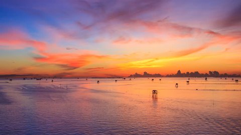Beautiful Sunrise Sky On Seascape And Fishing Boat Sailing 4K Time Lapse