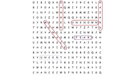 Word search puzzle with hidden risk, danger, peril, hazard, unknown, menace, fear, uncertainty, threat, chance and jeopardy.