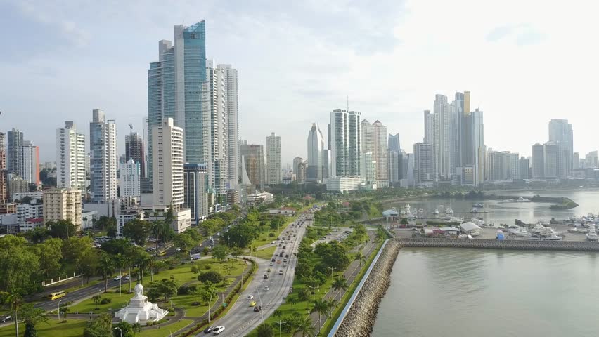 Aerial view of Balboa Avenue and Cinta Costera Boulevard in Panama City, Panama Royalty-Free Stock Footage #30842161
