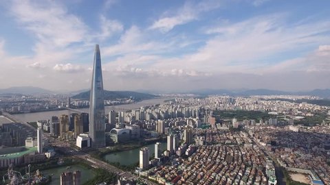Aerial Footage of korea city,seoul cityscape, skyline , Lotte Tower, Jamsil 