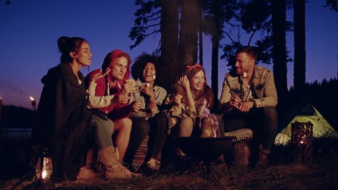 Diverse Group Of Young Men And Women Sitting Around Bonfire At Dusk In Forest Eating Marshmallows Laughing And Joking Hiking Lifestyle Romantic Getaway Concept Slow Motion Shot On Red Epic W 8k