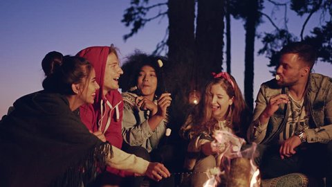 Happy Young Group Of Campers Camping In The Woods At Dusk Drinking Hot Drinks And Smiling Happiness In The Wild Happy Picnic Party In Nature Concept Slow Motion Shot On Red Epic W 8k