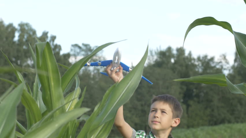boy dreams of becoming a pilot, boy playing with a toy airplane on a cornfield