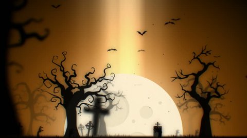 Halloween spooky animation background motion graphics footage (orange theme), with the spooky tree , moon , bats , zombie hand and graveyard.
