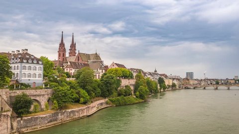 Basel city skyline timelapse and Rhine River, Basel, Switzerland, 4K Time lapse