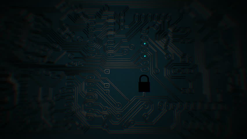A red light flashes on a circuit board.  The words Threat Detected are displayed in holographic text. The padlock symbol lights up.  The alarm light changes to green and  text changes to System secure Royalty-Free Stock Footage #30864901