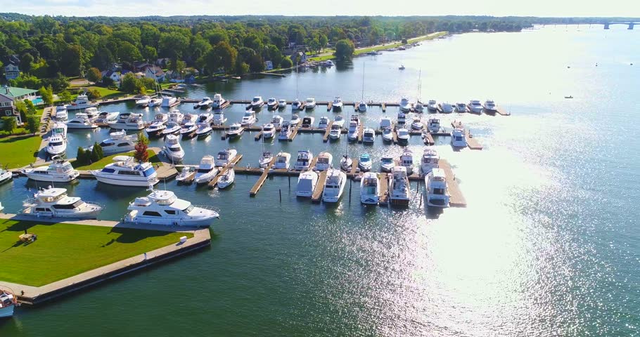 Aerial flyover of Beautiful marinas, canal, waterfront and boats, Sturgeon Bay, Wisconsin.
