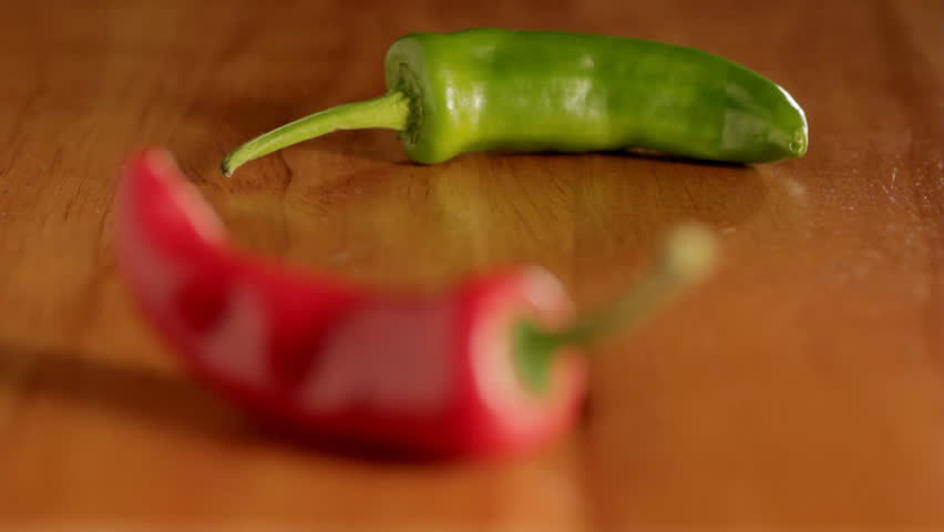 Red and Green Chillies rack focus