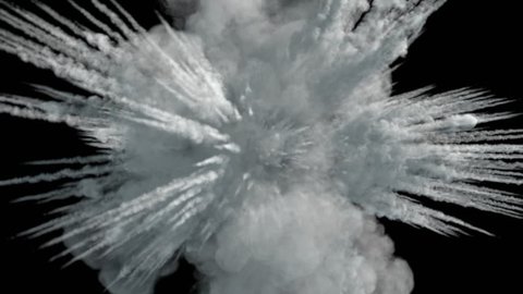 Middle size smoke explosion with trails, explodes on camera. Smoke density - low. Separated on pure black background, contains alpha channel.