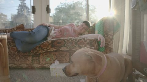 Woman laying on couch in sunlight with dog