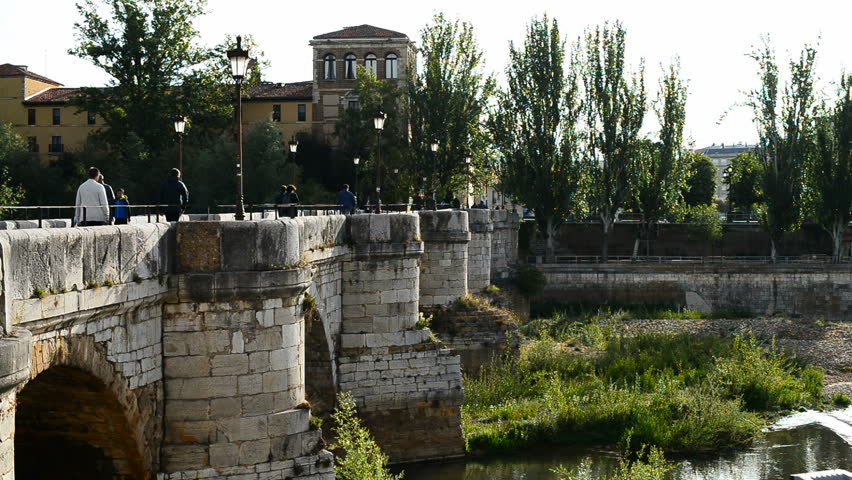 Bridge over the river and Monastery Hospital of San Marcos, today National Hotel Parador. Leon, Spain, Europe. Camino de Santiao.
