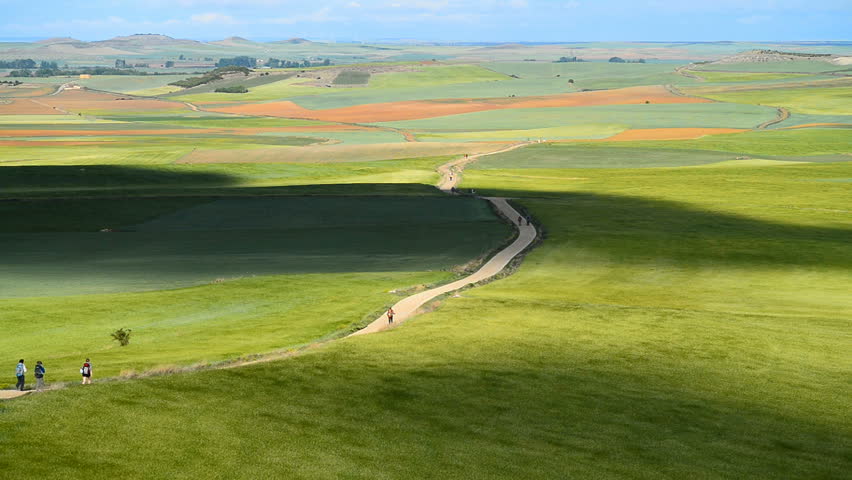 view on the landscape "meseta", a long stretch of plateau. Camino de Santiago. Spain, Europe. Royalty-Free Stock Footage #30889024