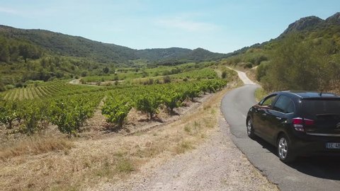Aerial view of car driving through vineyards in France. Road trip flying above car on highway in the French countryside. 4k footage of black car on road in green farm landscape for summer vacation.