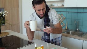 Frustrated sick guy reading instruction before taking pills