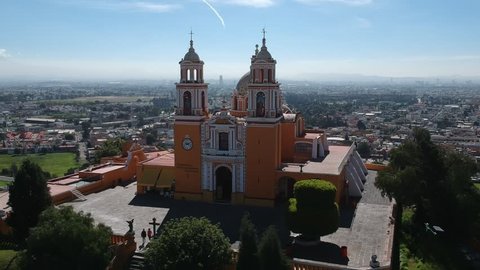 Cholula Mexico Church on top of Pyramid in Puebla aerial Footage