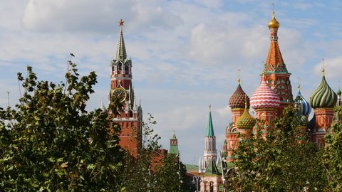 View Of The Spasskaya Tower And St. Basil's Cathedral from Zaryadye Park near the Red Square at central Moscow, Russia On September 15, 2017 In Moscow, Russia