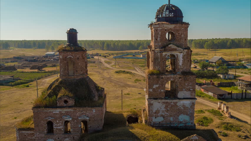 Flight over a ruined and abandoned church