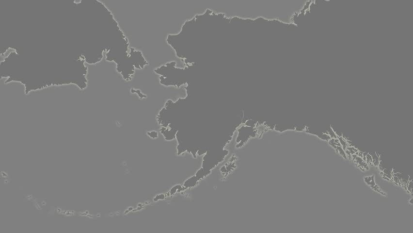The United States Alaska area map in the Azimuthal Equidistant projection. Layers of main cities, capital, administrative borders and graticule. Elevation & bathymetry - grayscale