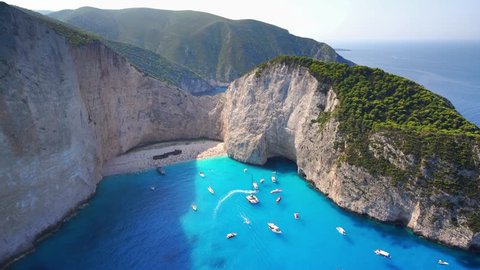 Drone view to Navagio - wreck beach in Croatia. Beautiful sunny day and azure water. Romantic atmosphere of clear and clean sea.