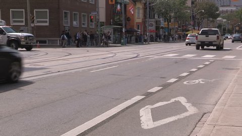 Toronto, Ontario, Canada September 2017 Bike lanes and bicycles alongside car traffic on urban Toronto streets
