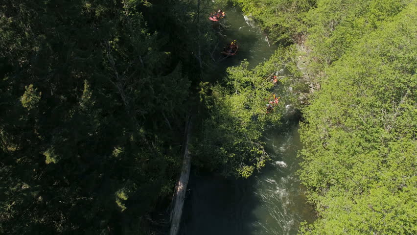 Aerial - Whitewater Rafters paddling small river