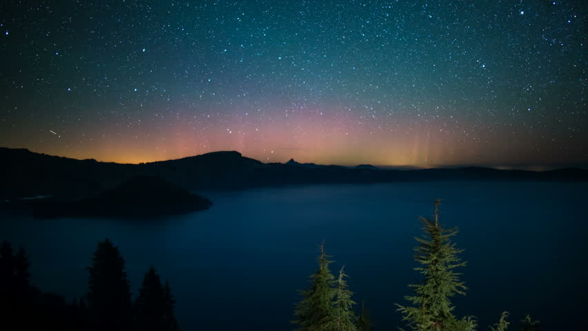Aurora and Perseid Meteor Shower in Crater Lake National Park Oregon USA