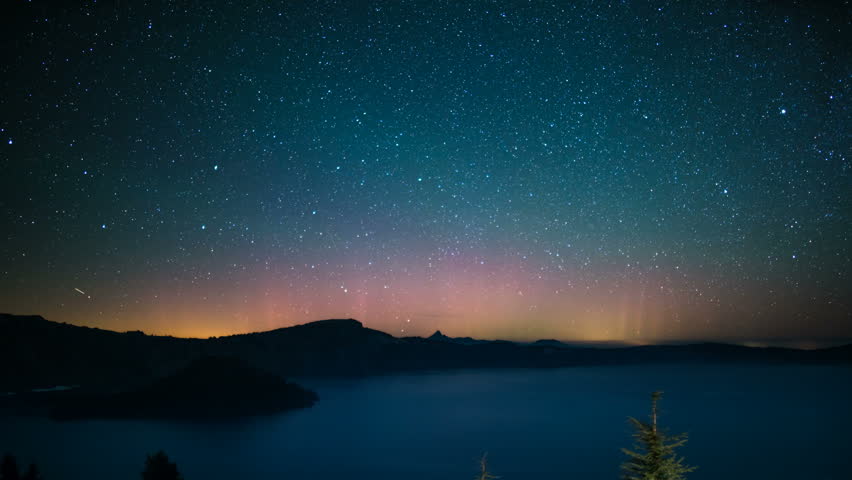 Aurora and Perseid Meteor Shower in Crater Lake National Park Oregon USA
