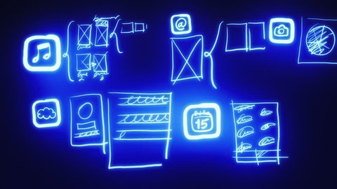 Mobile App Wireframing, Prototyping (Neon Blueprint) Stock Video
