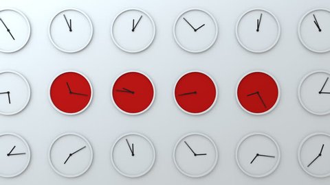 Many clocks on the wall, time flying fast, time zones, loopable background
