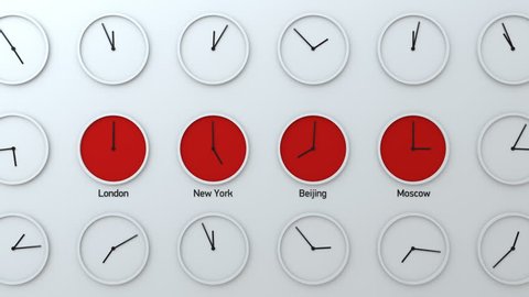 Time zone clocks on the wall, time flying by, international time
