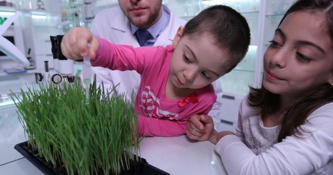 Kids Playing in Laboratory Irrigation Bio Wheat Seedlings Girls Future Biologist