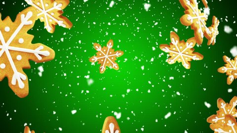 Snowflake shaped Christmas gingerbread cookies falling on green background. Seamless loop. More color options available in my portfolio.