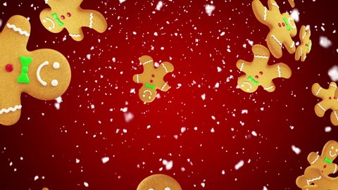 Gingerbread man shaped Christmas cookies falling on red background. Seamless loop. More color options available in my portfolio.