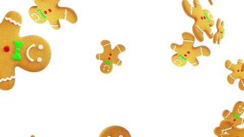 Gingerbread man shaped Christmas cookies falling isolated on white background. Seamless loop. More color options available in my portfolio.