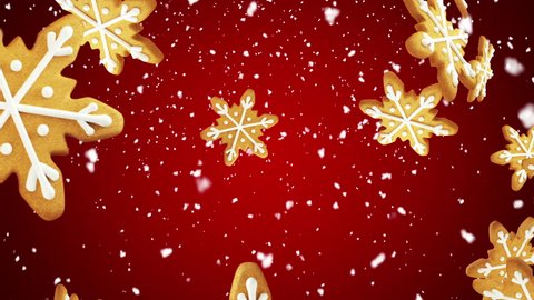 Snowflake shaped Christmas gingerbread cookies falling on red background. Seamless loop. More color options available in my portfolio.
