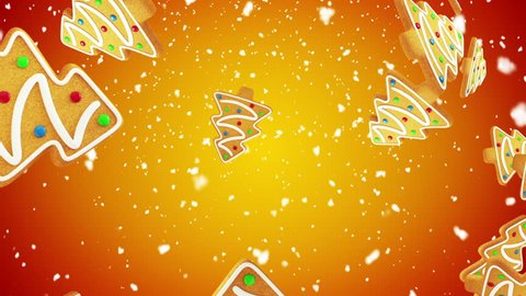Christmas tree shaped gingerbread cookies falling on gold background. Seamless loop. More color options available in my portfolio.