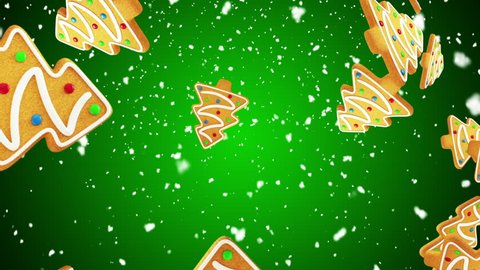 Christmas tree shaped gingerbread cookies falling on green background. Seamless loop. More color options available in my portfolio.