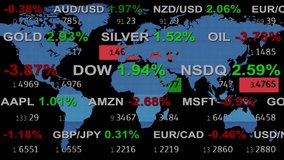 forex stock market ticker board tape and holographic earth map on background - new quality financial business animated dynamic motion video footage animation