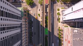 Aerial drone footage of Brickell Miami Metromover and Metrorail transit service