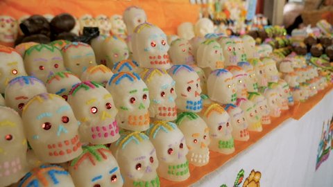 Rows of sugar skulls for sale on display for Day of the Dead in Patzcuaro, Mexico