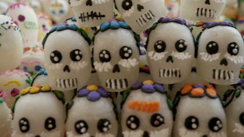 An assortment of different sizes of sugar skulls stabilized shot for Day of the Dead in Patzcuaro Mexico