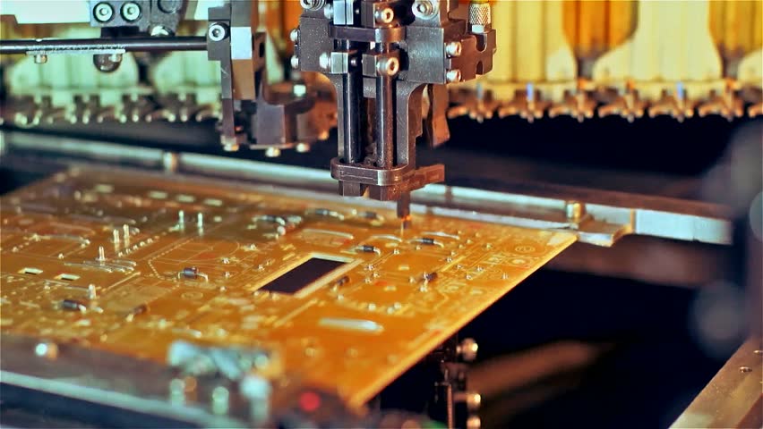 Robot Machine for PCB Manufacturing and Application of Microchips on the Board, Assembly and Installation of Electronic Printed Circuit Boards. Royalty-Free Stock Footage #31011952