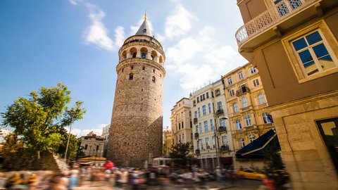 Timelapse of famous tourist place Galata tower in Istanbul in Turkey