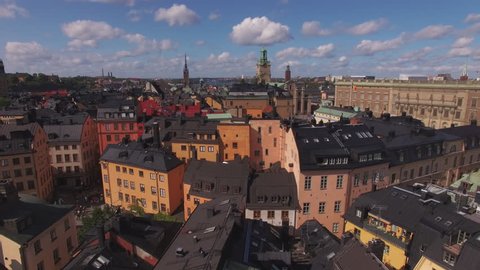 Aerial view of Stockholm Gamla stan. Drone shot flying over city buildings in the Old Town of Stockholm, Sweden