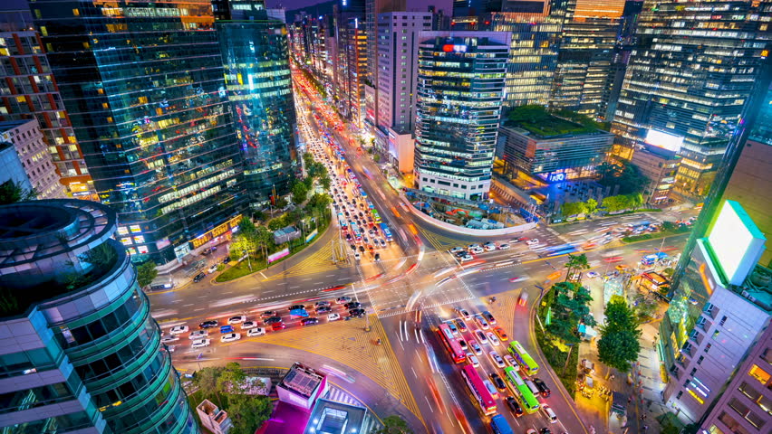 Timelapse Traffic at night in Gangnam City Seoul, South Korea.