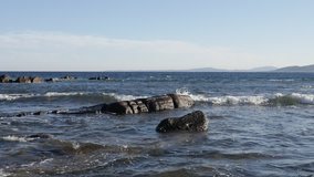 Relaxing rocky beach waters slow motion 1920X1080 HD footage - Blue color  sea scenery on French riviera slow-mo 1080p FullHD video