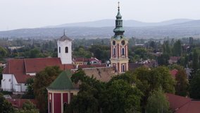 Aerial video shows the old downtown of Szentendre in the Danube bend, Hungary - drone footage