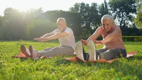 Cheerful aged couple doing stretching exercises outdoors