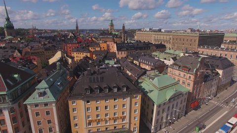 Aerial Stockholm city center. View of Old Town buildings and Stockholm Palace